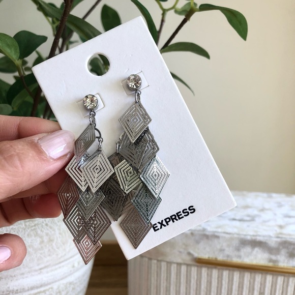 Express Silver Dangle Drop Earrings NEW faux diamond stud detail - Picture 3 of 14